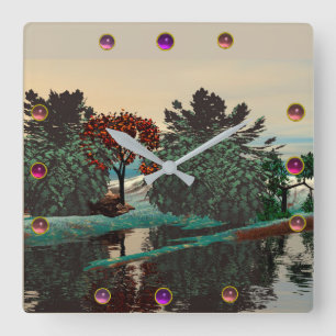 Horloge Carrée PAYSAGE ALIEN, ARBRES, LAGOON HYPERION Science-fic