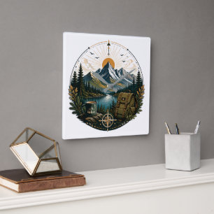 Horloge Carrée Paysage artistique d'aventure sauvage alpine vinta