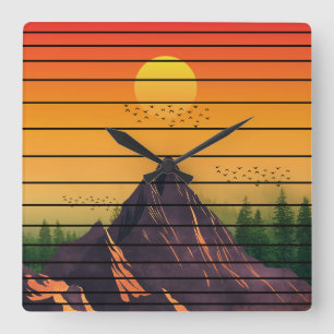 HORLOGE CARRÉE PAYSAGE DE COUCHER DE SOLEIL VINTAGE NATURE MONTAG