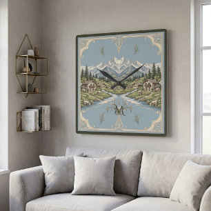 Horloge Carrée Paysage de montagne alpin enneigé bleu rustique fr