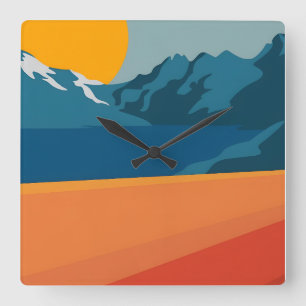 Horloge Carrée Paysage de Montagne Rouge et Bleue - Retro Outdoor