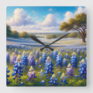 Horloge Carrée Paysage de prairie de bleuets du Texas