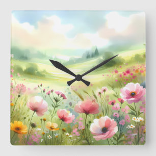 Horloge Carrée Paysage de prairie fleurie pastel