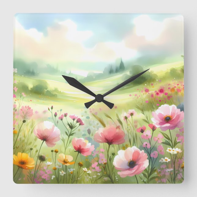 Horloge Carrée Paysage de prairie fleurie pastel (Recto)