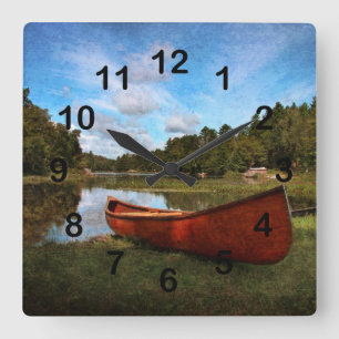 Horloge Carrée Paysage en bois rouge de canoë