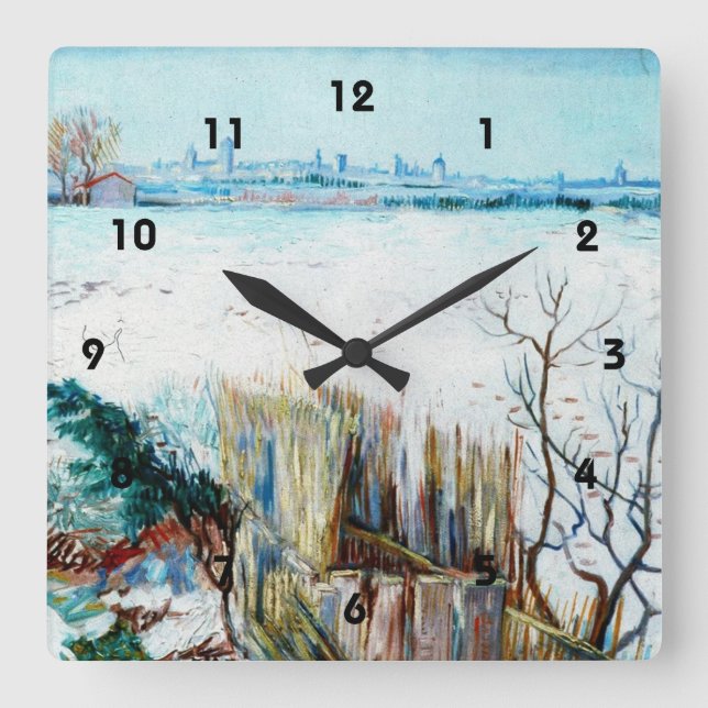 Horloge Carrée Paysage enneigé avec Arles en arrière-plan (Recto)