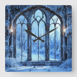 Horloge Carrée Paysage hivernal enneigé de fenêtre factice gelée