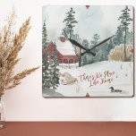 Horloge Carrée Paysage hivernal Lac Cabine Pas d'endroit comme à<br><div class="desc">Winter Landscape Lakeside horloge cabine avec "There's No Place Like Home" dans la typographie de script tendance. Ce décor rustique de campagne a une scène aquarelle d'un lodge au bord du lac,  des pins,  un canard sur le lac,  de la neige et un traîneau.</div>