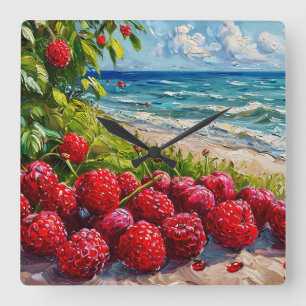 Horloge Carrée Paysage marin océanique et framboises