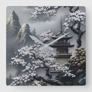 Horloge Carrée Paysage mural de pagode japonaise et de fleurs de