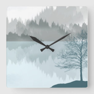 Horloge Carrée Paysage Réflexion Lac Arbres Vert
