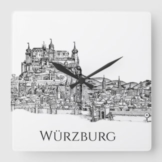 Horloge Carrée Paysage urbain de Würzburg en Bavière, art linéair