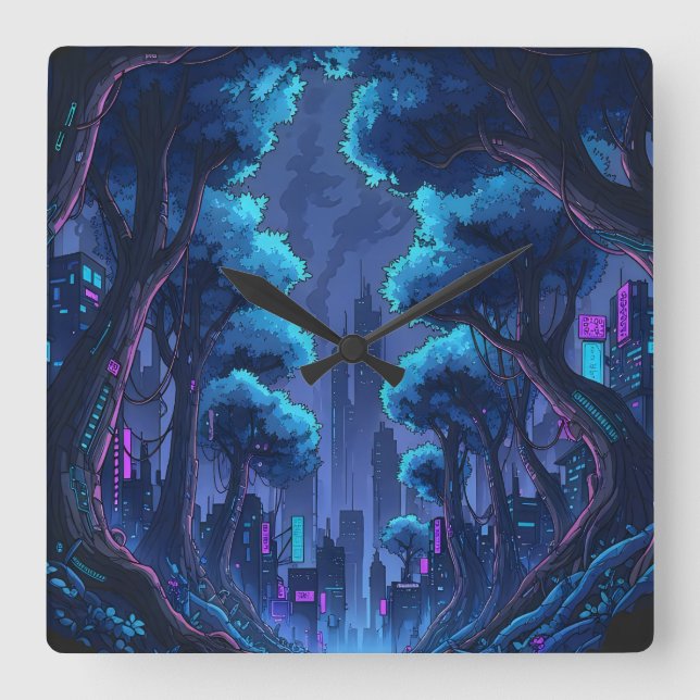 Horloge Carrée Paysage urbain néon cyberpunk métropole futuriste (Recto)