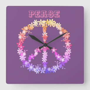 Horloge Carrée Peace sign with colorful flowers, Personalized tex