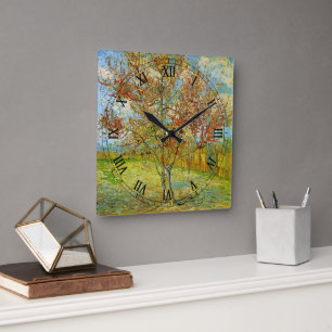 Horloge Carrée Peach Tree rose en fleurs par Vincent van Gogh