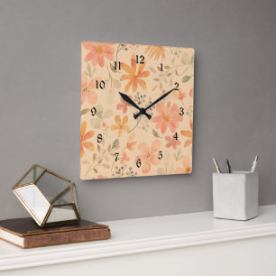 Horloge Carrée Peachy—motif floral rose doré