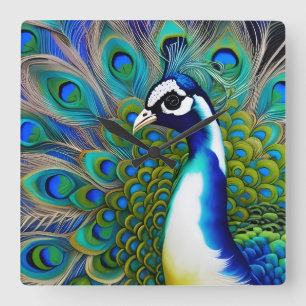 Horloge Carrée Peacock blanc bleu et vert Piebald