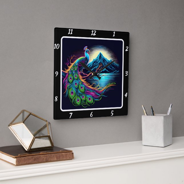Horloge Carrée Peacock de néon radiant (Bureau)