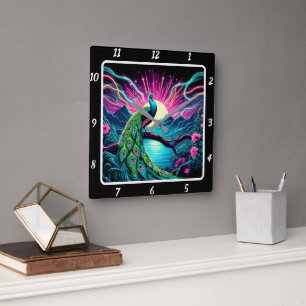 Horloge Carrée Peacock Elegance Neon