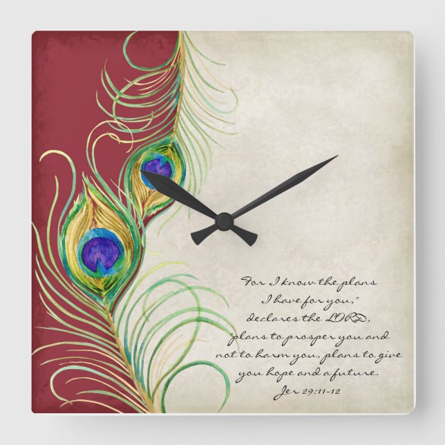 Horloge Carrée Peacock Feathers Red Damask Christian Scripture (Recto)