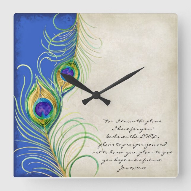 Horloge Carrée Peacock Feathers Royal Damask Christian Scripture (Recto)