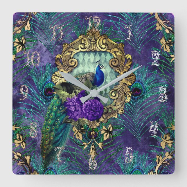 Horloge Carrée Peacock floral victorieux plumes élégant (Recto)
