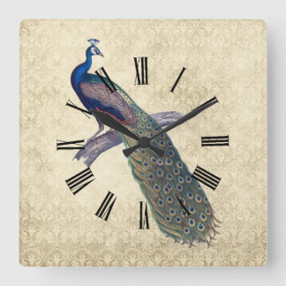 Horloge Carrée Peacock sur Elegant Ivory Damask