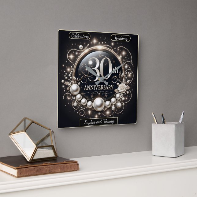 Horloge Carrée Pearl Elegance : 30e anniversaire (Bureau)