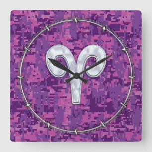 Horloge Carrée Pearl Like Aries Symbol on Pink Digital Camo