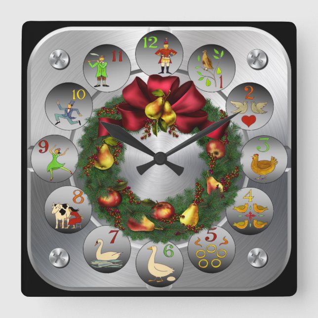 Horloge Carrée Pears & Pommes Wreath ~ Les 12 Jours De Noël ~ (Recto)