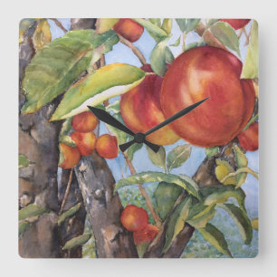 Horloge Carrée Pêche à l'aquarelle Récolte de fruits d'orchid