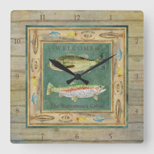 Horloge Carrée Pêche au lac, bar à grande bouche, truite arc-en-c