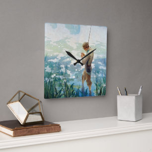 Horloge Carrée Pêche au Thoreau à Walden Pond par N. C. Wyeth