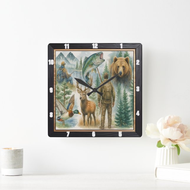 Horloge Carrée Pêcheur de chasse à la faune extérieure (Maison)