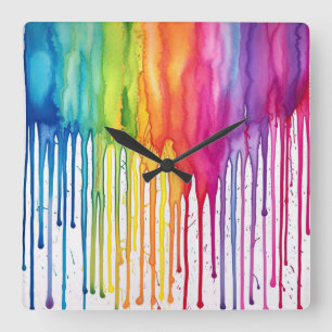 Horloge Carrée Peint Arc-en-ciel Aquarelle Déchets de peinture Ab