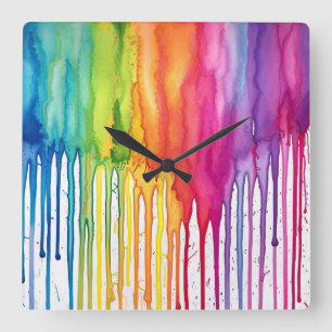 Horloge Carrée Peint Arc-en-ciel Aquarelle Déchets de peinture Ab