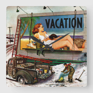 Horloge Carrée Peintres de panneau-réclame en hiver par Stevan