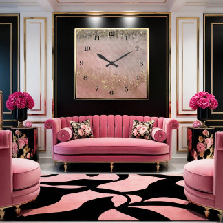 Horloge Carrée peinture à l'aquarelle rose, or et gris