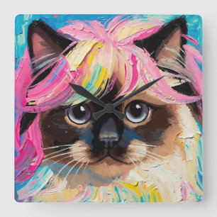 Horloge Carrée Peinture à l'huile de chat mignon (#9)