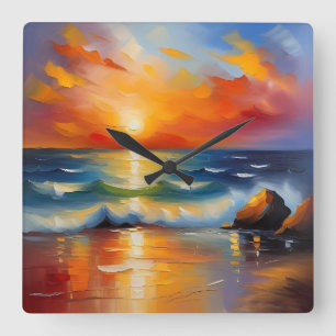 Horloge Carrée Peinture à l'huile de couché de soleil orange sur 