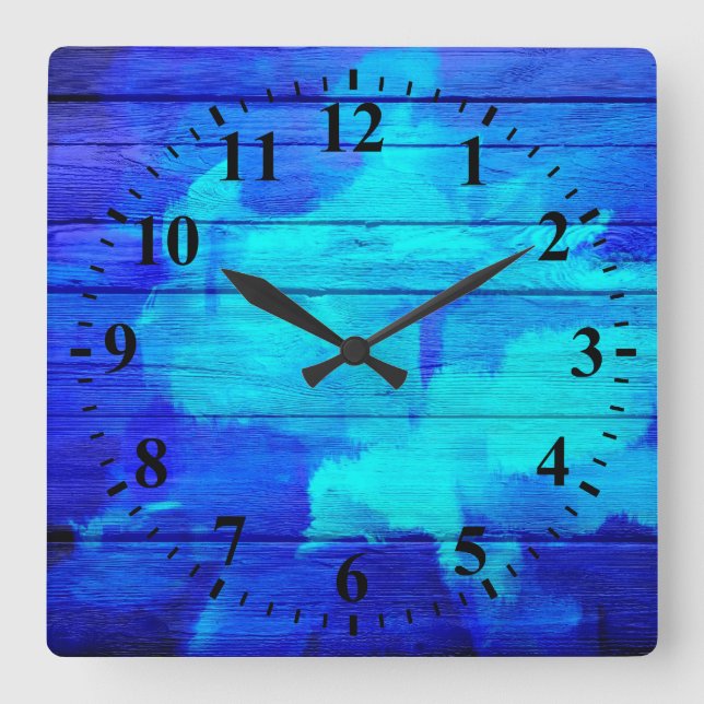 Horloge Carrée Peinture Abstraite en bois bleu (Recto)