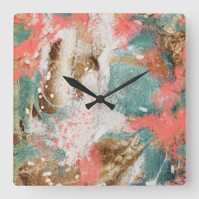 Horloge Carrée Peinture Abstraite moderne Coral Turquoise Or Blan (Recto)