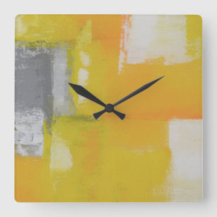 Horloge Carrée peinture abstraite moderne gris jaune blanc