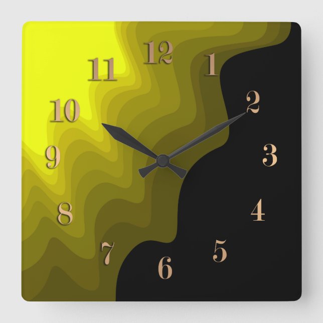 Horloge Carrée Peinture abstraite noire et jaune (Recto)