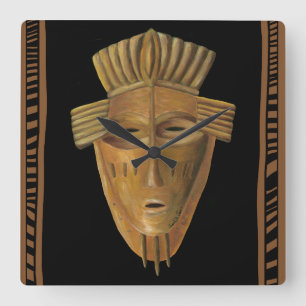 Horloge Carrée Peinture africaine de masque par Chariklia Zarris