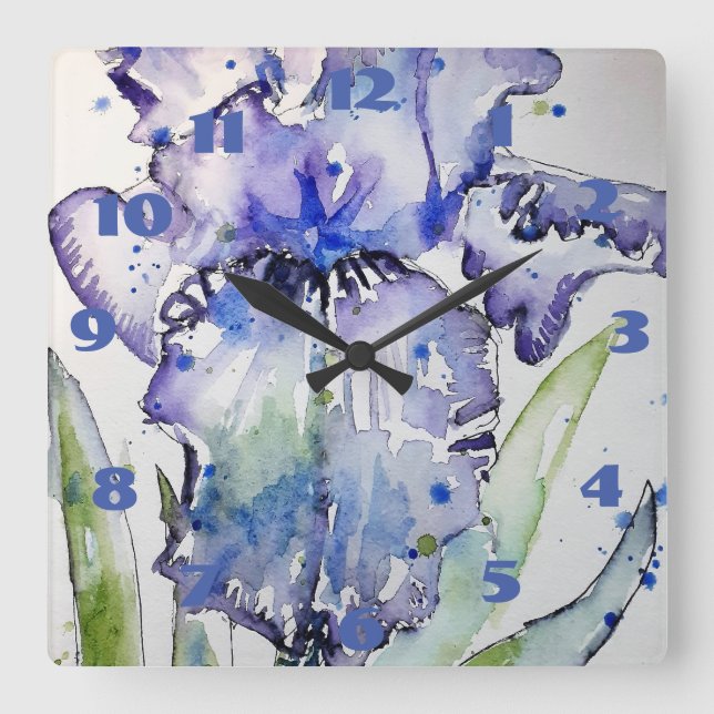 Horloge Carrée Peinture aquarelle florale Iris Bleu Violet Art (Recto)