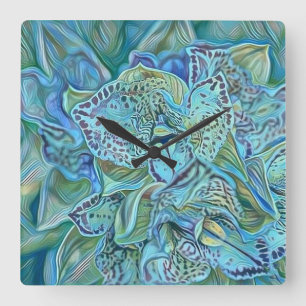 Horloge Carrée Peinture bleu violet de fleurs d'orchidées mignonn