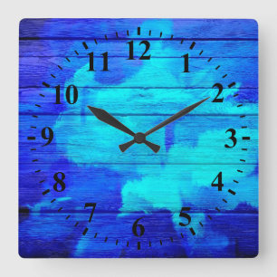 Horloge Carrée Peinture bleue d'abrégé sur en bois