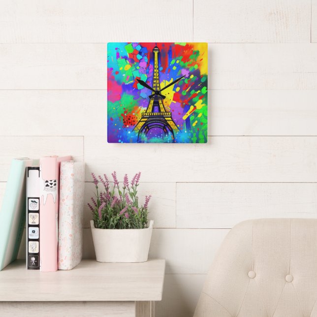 Horloge Carrée Peinture colorée de la Tour Eiffel (Salle de lecture)