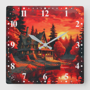 Horloge Carrée Peinture coucher de soleil avec chalet et lac-6663